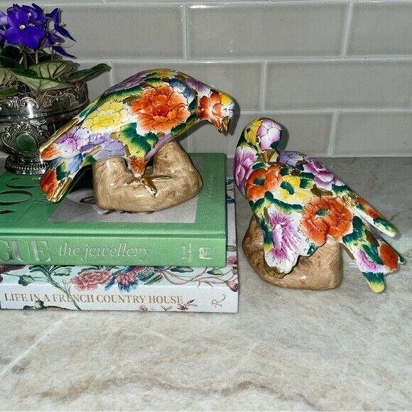 Vintage Mille Fleur Chinese Chinoiserie Hand Painted Pair Dove Birds Figurines