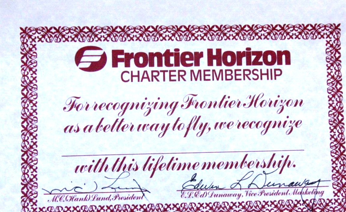 FRONTIER HORIZON AIRLINES CHARTER MEMBERSHIP CERTIFICATE