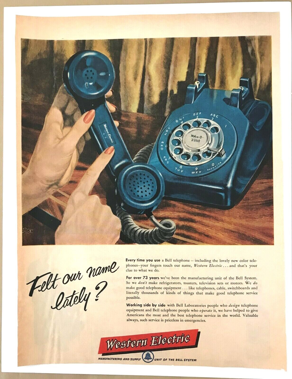 1957 Print Ad, Western Electric Blue Telephone -\'Felt Our Name?\' - 12.5\