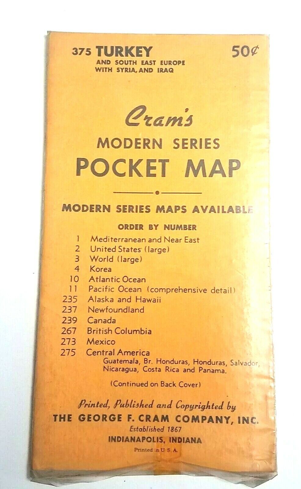 NOS Sealed Vintage 1950\'s Cram\'s Modern Series Pocket Map Turkey No 375