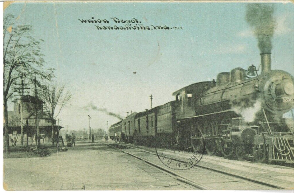 1910 Union Depot Kendallville IN Steam Engine Train RR Antique Litho Postcard