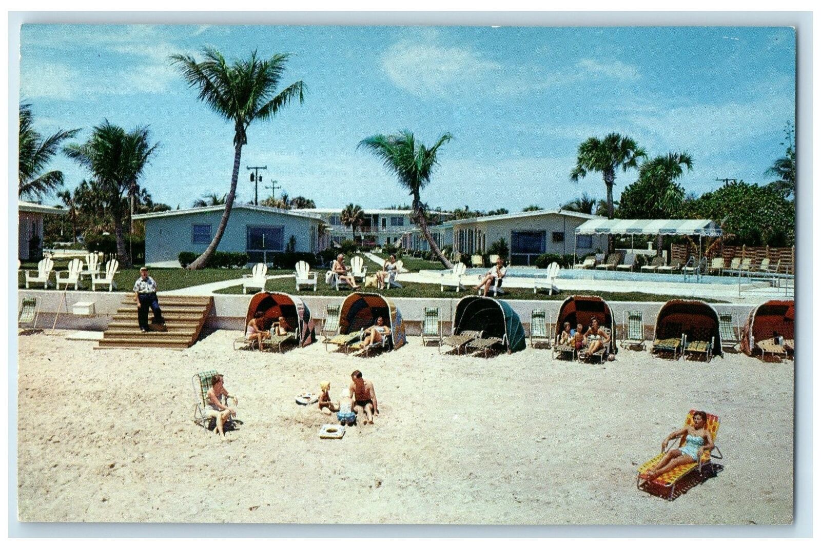 c1950's Palm Ocean Villas Sun Bathing Tourists Pompano Beach Florida FL Postcard