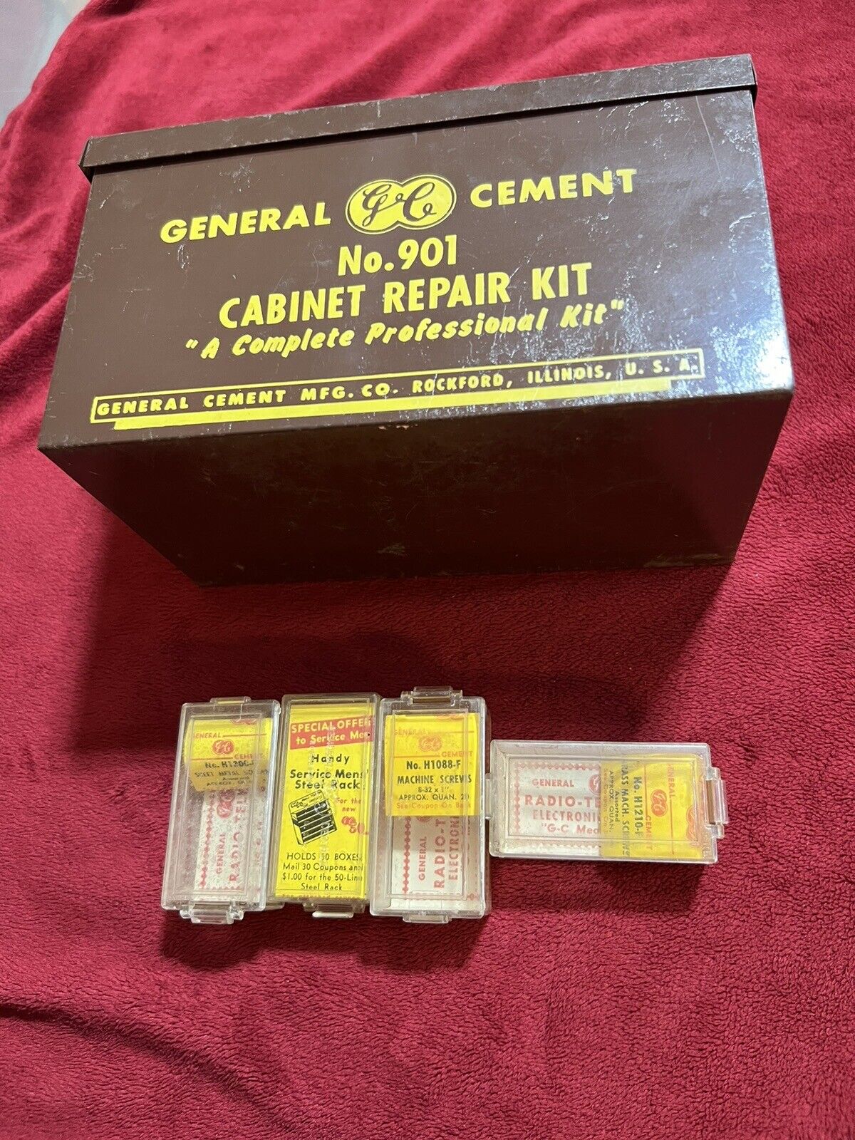 Vintage General Cement Radio Cabinet Repair Box No. 901, Plus 4 Screw Boxes.