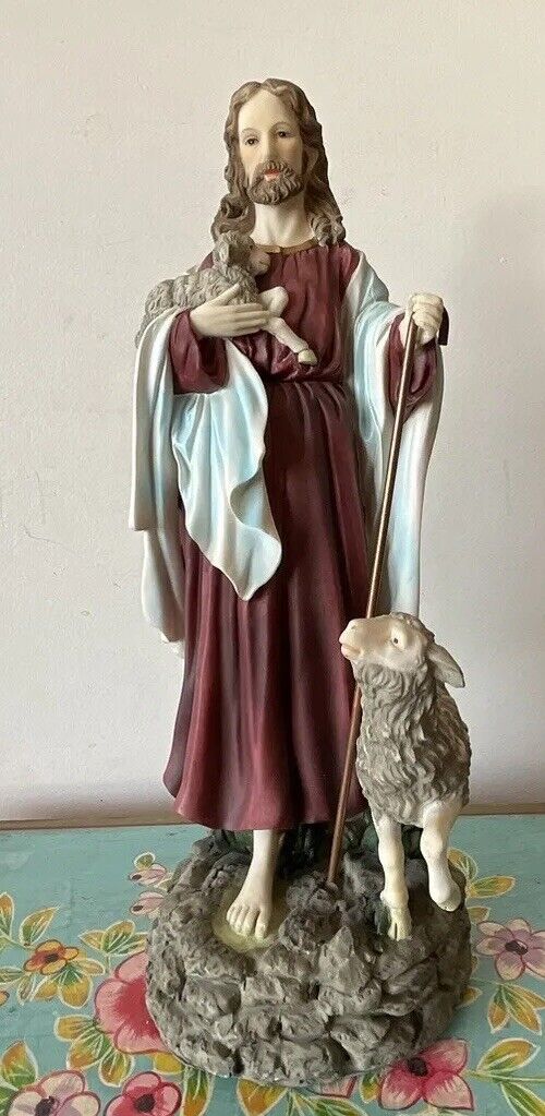 Gorgeous Large Vintage Good Shepherd Statue Jesus Resin Sculpture -41 Cm