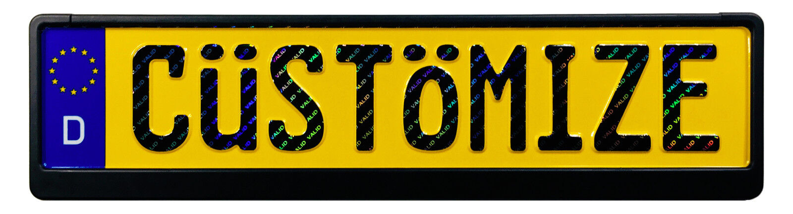 Custom Yellow European German License Plate with VALID Hologram and Frame
