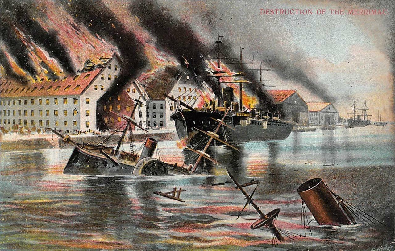 DESTRUCTION OF THE U.S.S. MERRIMAC  Steamer Ship Burning  ca1910\'s Postcard