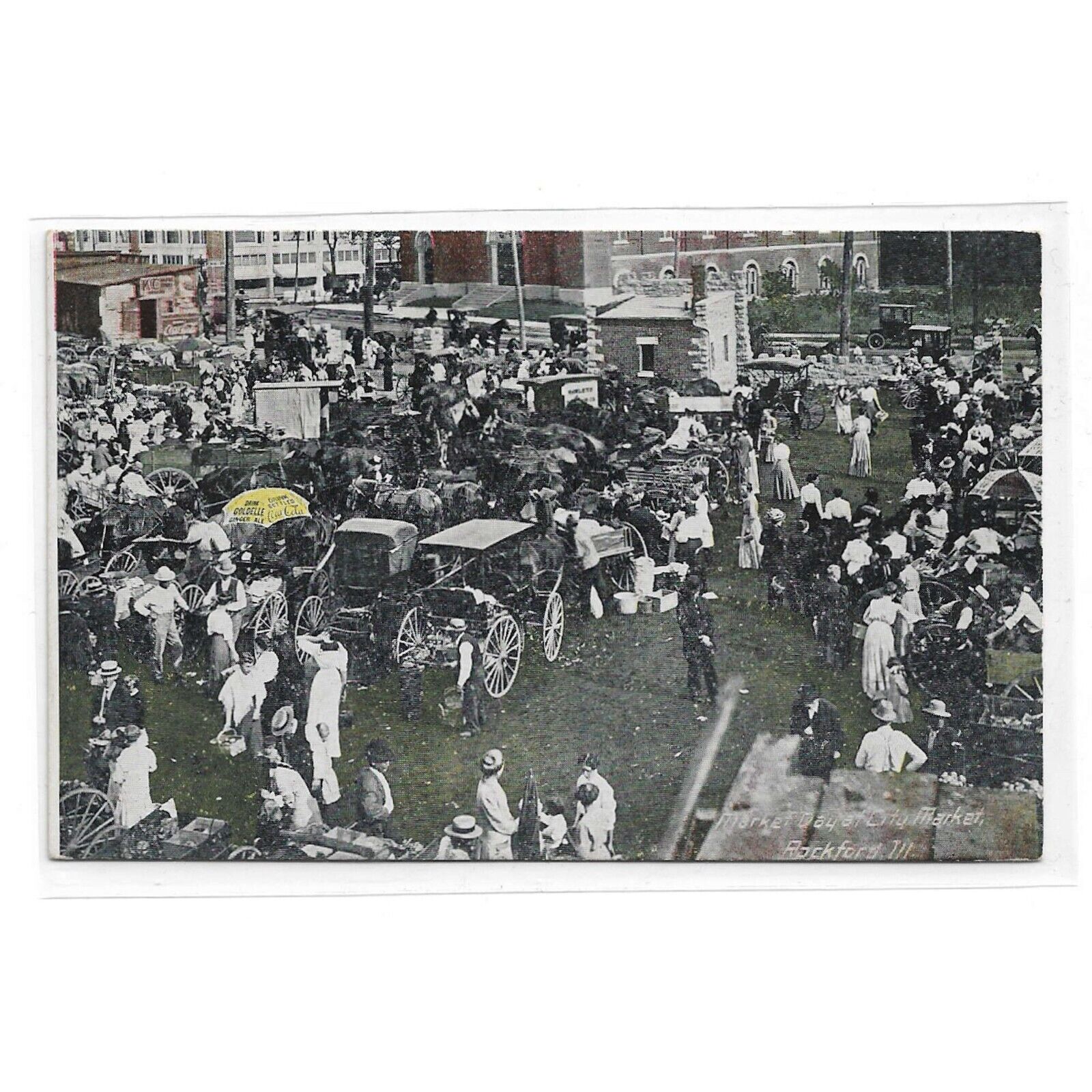 Vintage 1912 City Market Day Rockford IL RPPC Postcard Horse Buggy Coca Cola