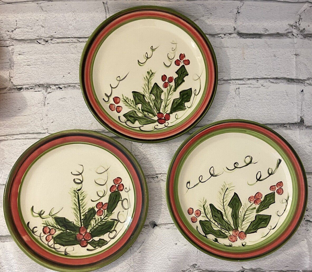 Set Of 3 Christmas Holly & Berries Hand Painted Plates Signed “Sara ‘92”