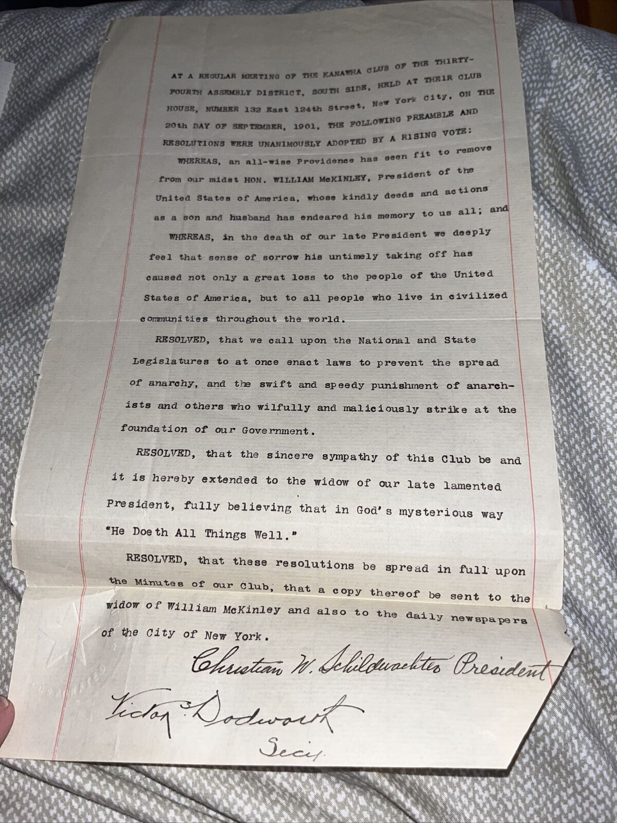 1901 New York City Kanawha Club Resolution on President McKinley Assassination