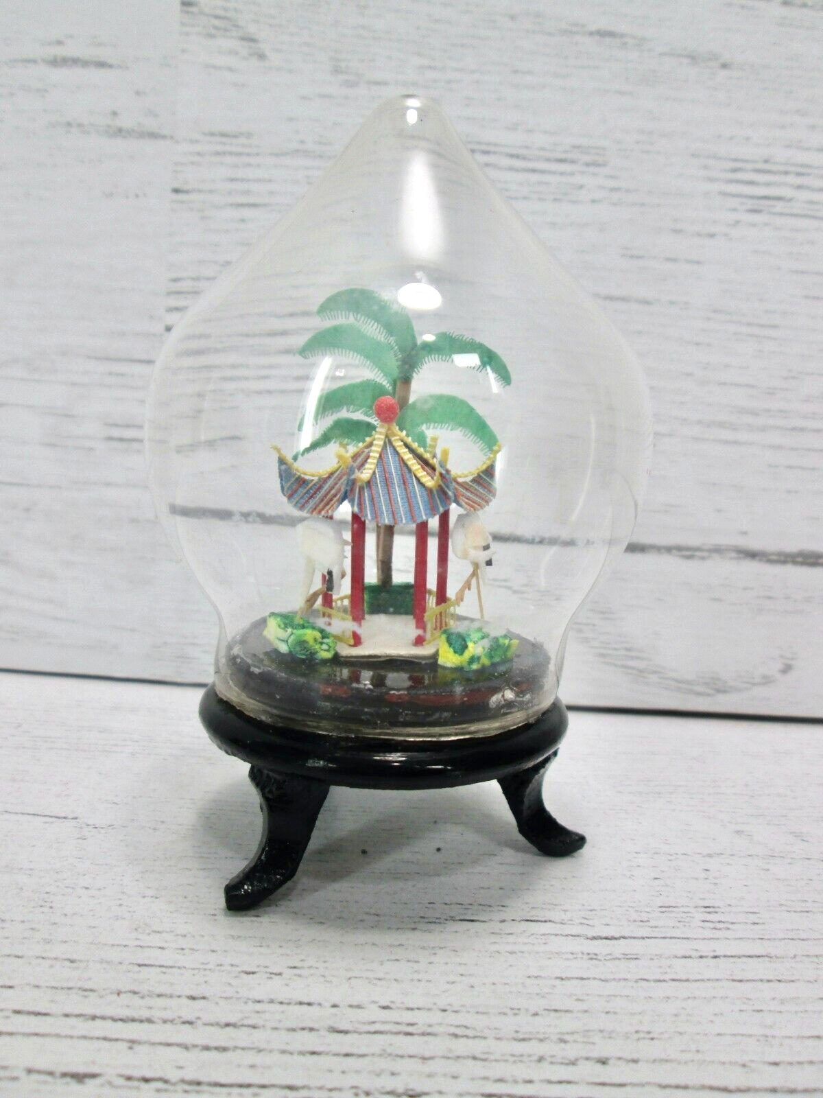 Vintage Miniature Pagoda Diorama Glass Dome Mini Figurine Collectible Tree Birds