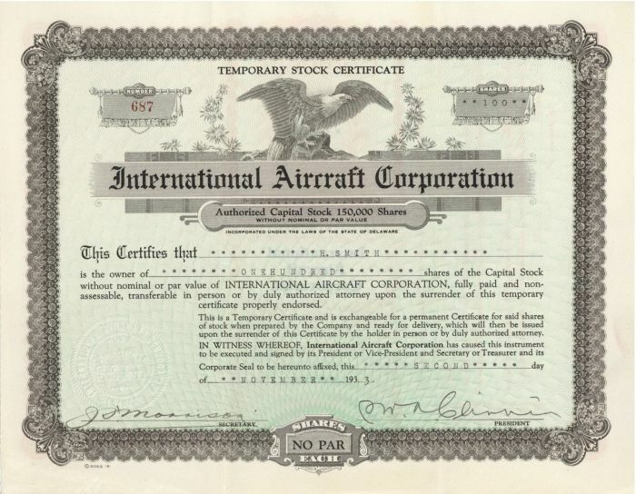 International Aircraft Corporation - Stock Certificate - Aviation Stocks