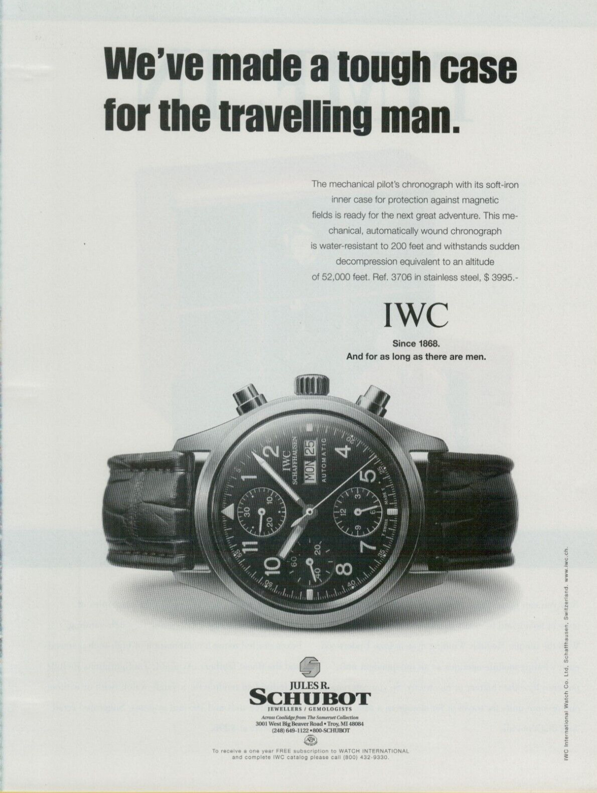 1999 IWC International Watch Co Tough Case Travelling Man  Vintage Print Ad x