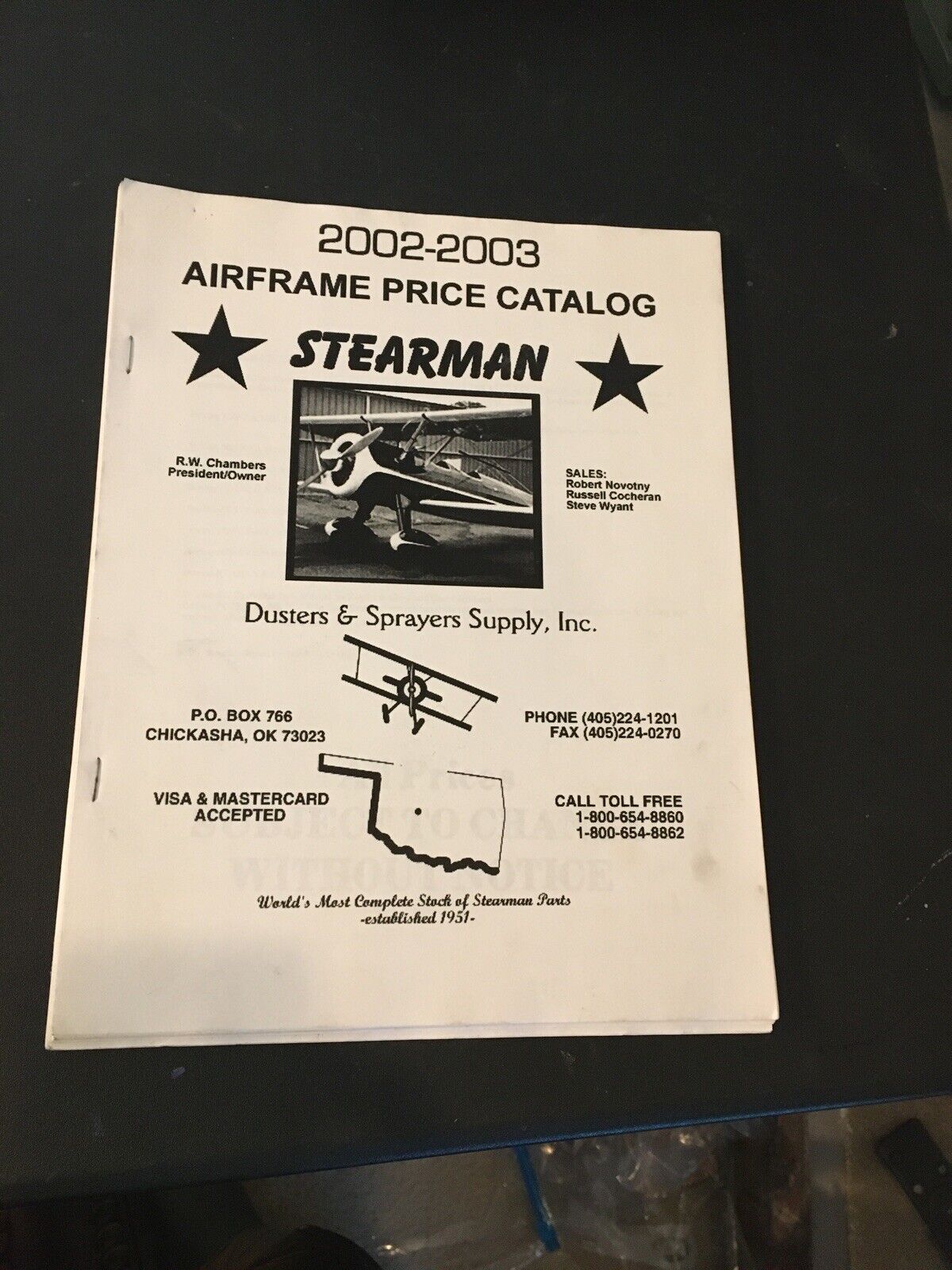2002-2003 Airframe Price Catalog Stearman Sprayer Airplane Chickasha Oklahoma