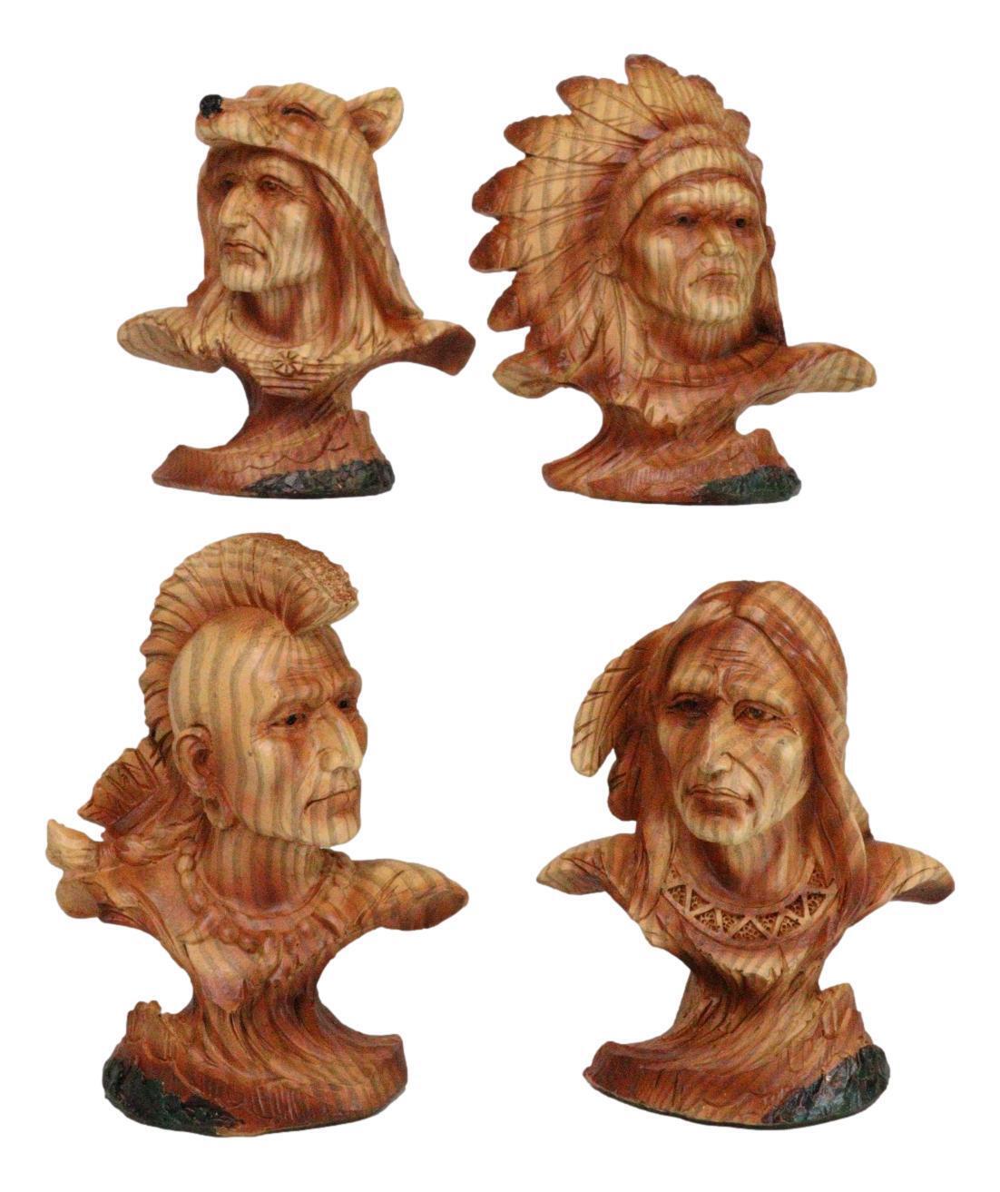 Set of 4 Native American Sioux Indian Tribal Warrior Chief Faux Wood Figurines