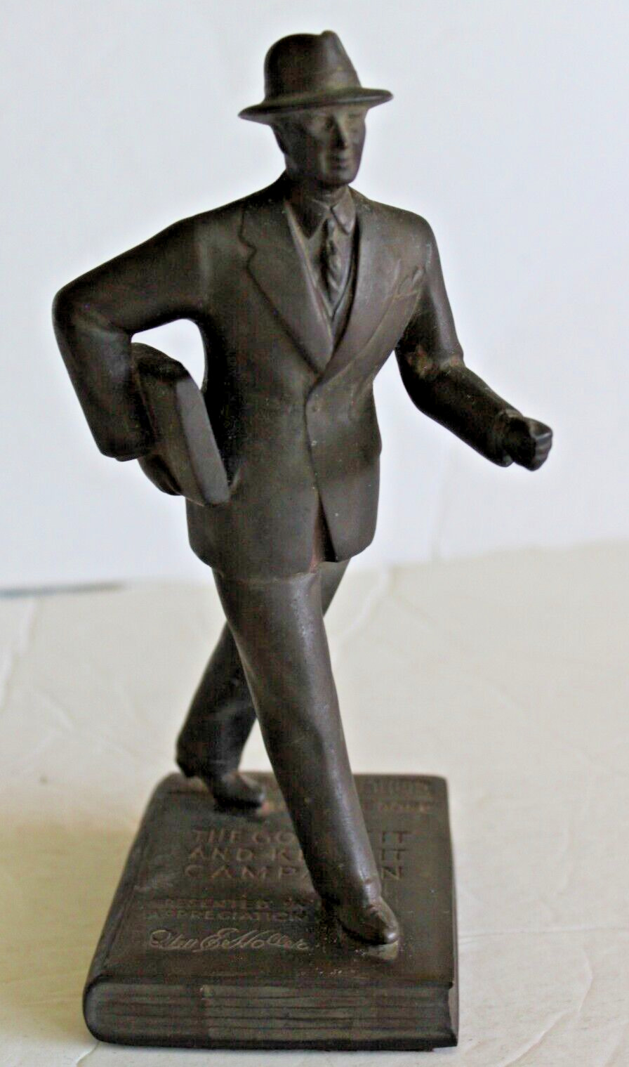 Vtg. Chevy GO GETTER Salesman Award Man Walking on Book Statue Trophy circa 1940