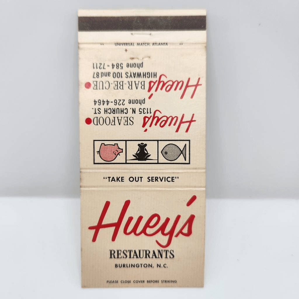 Vintage Matchcover Huey's Restaurants Burlington North Carolina
