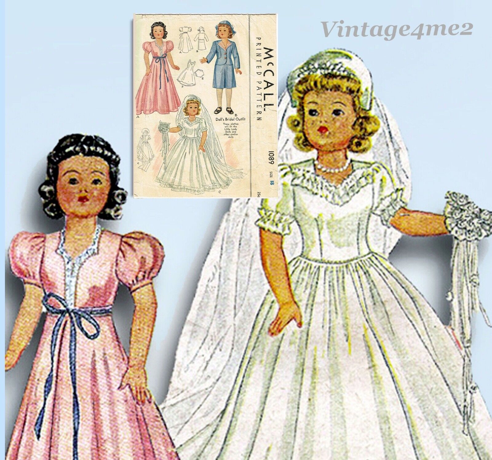 1940s Vintage McCall Sewing Pattern 1089 Rare 18 inch Little Lady Doll Clothes
