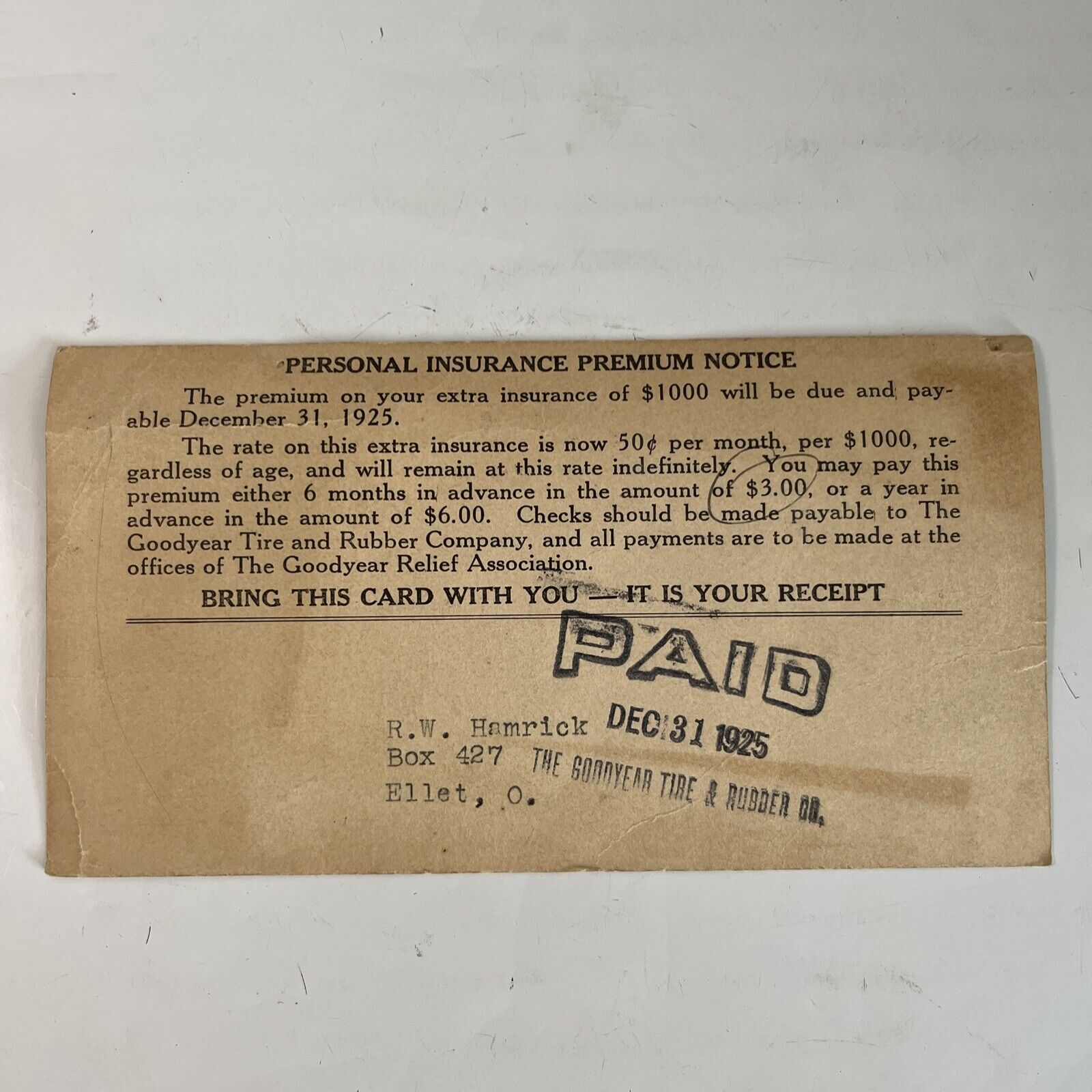 1925 The Goodyear Tire & Rubber Co. Employee Personal Insurance Premium Notice