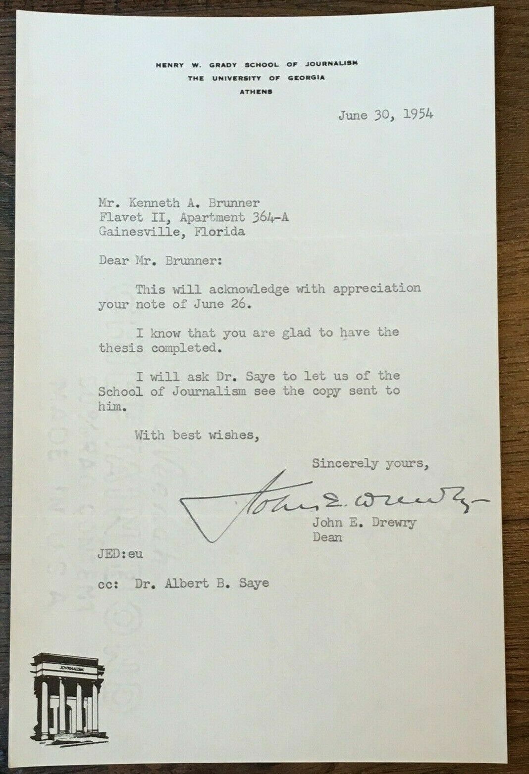 Vtg June 1954 University of Georgia Letter w/ Signature of John E Drewry - Dean