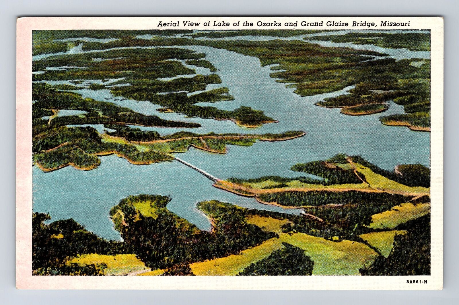 Grand Glaize Bridge MO-Missouri, Aerial View Lake of Ozarks, Vintage Postcard