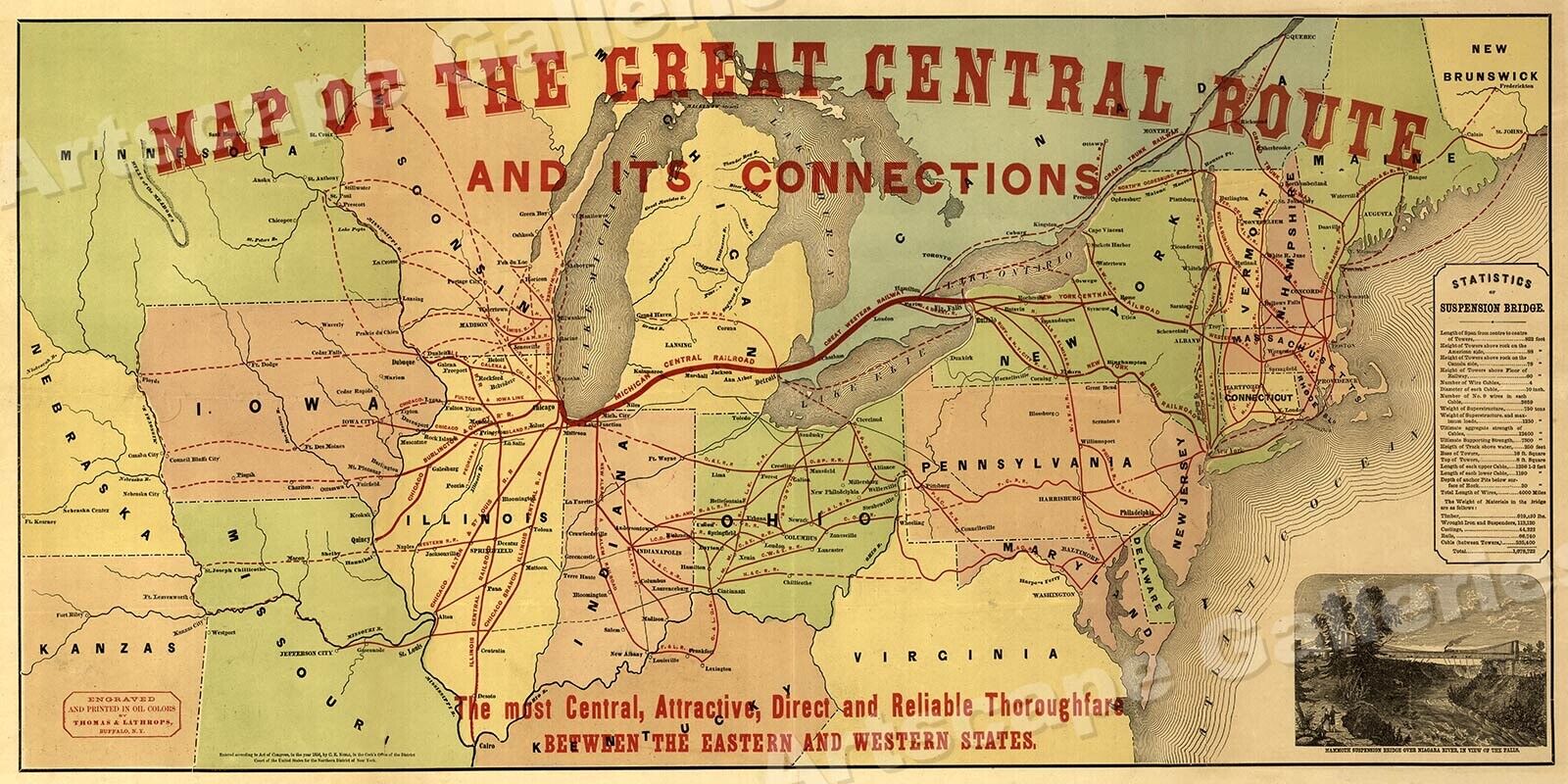 1856 Great Central Route - Michigan Central Railroad Map - 12x24