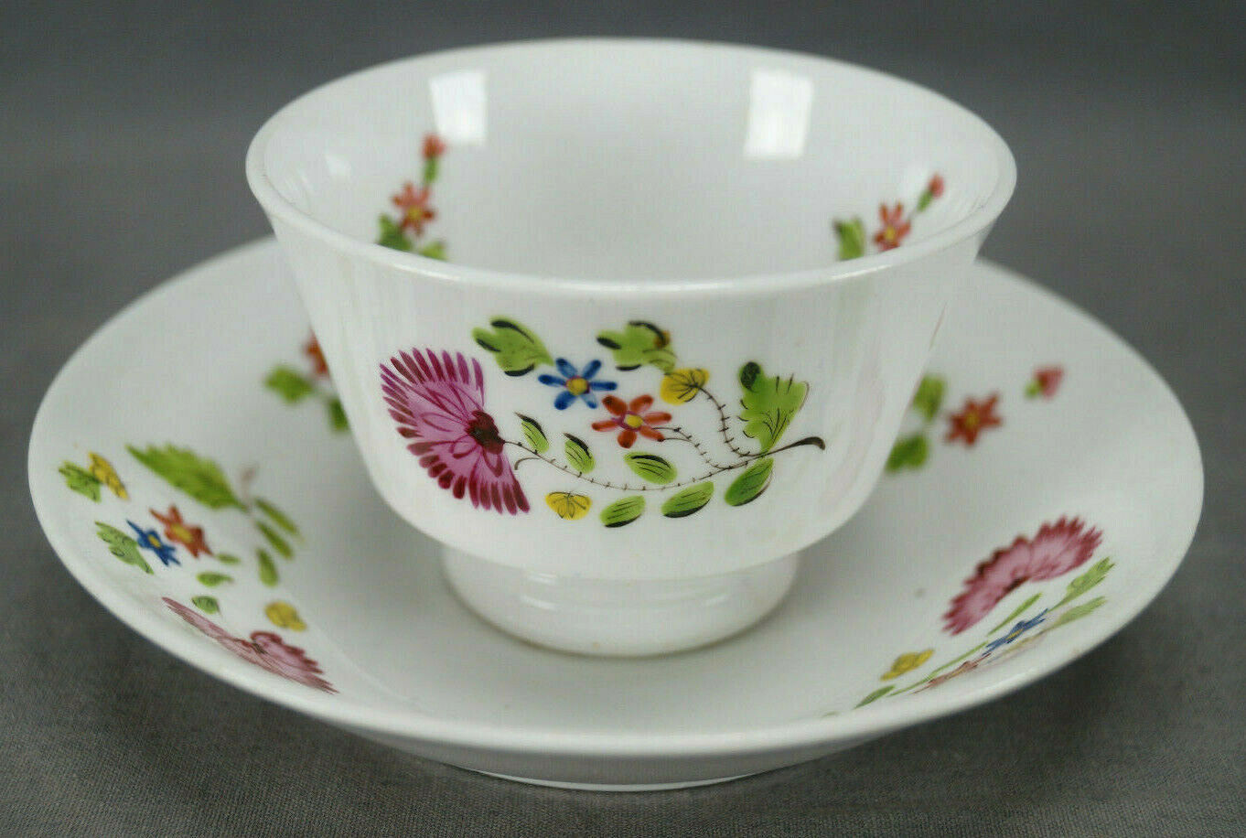 British Hand Enameled Purple Floral Soft Paste Tea Bowl & Saucer C. 1820-1840 B