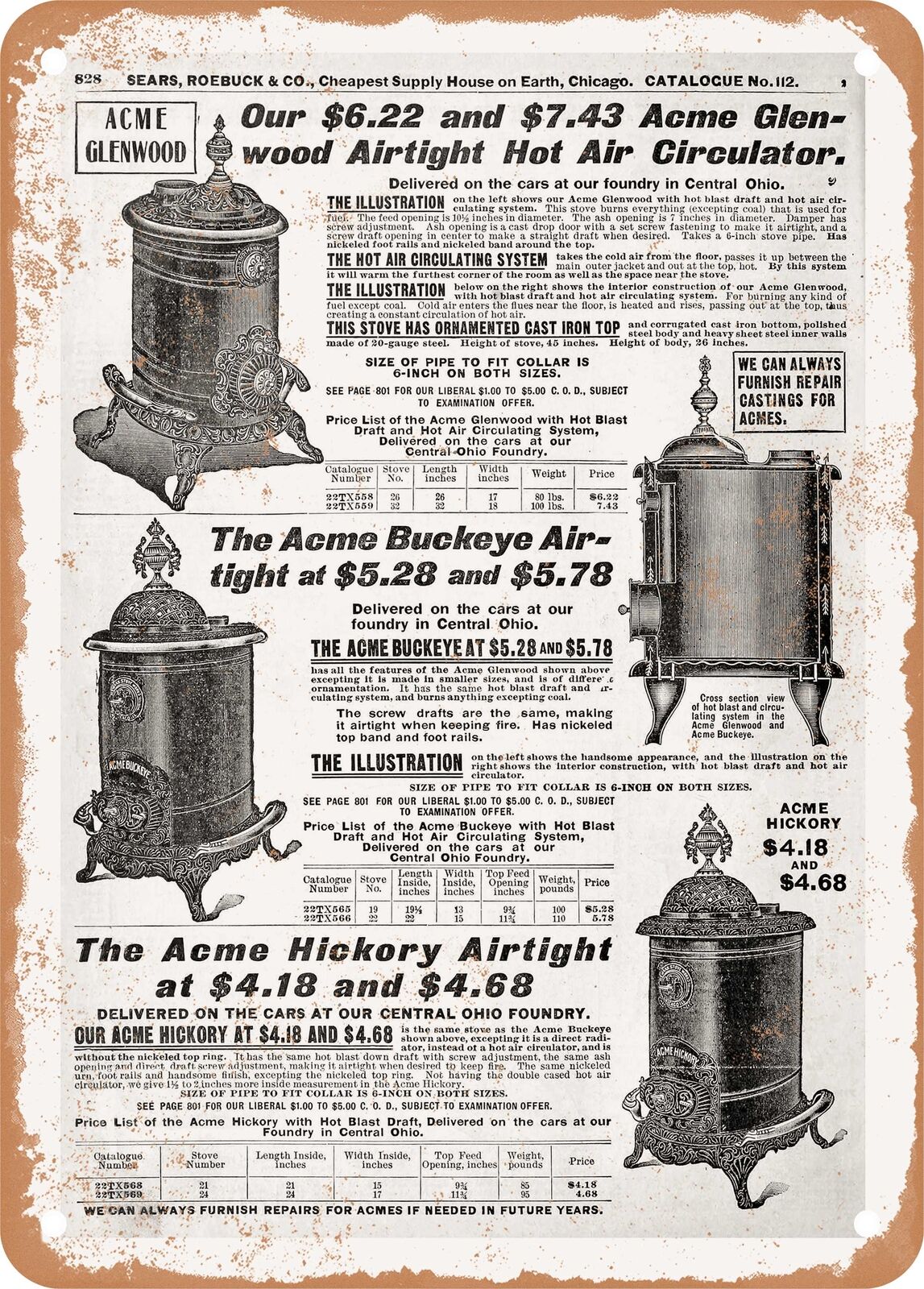 METAL SIGN - 1902 Sears Catalog Heaters Page 814 - Vintage Rusty Look