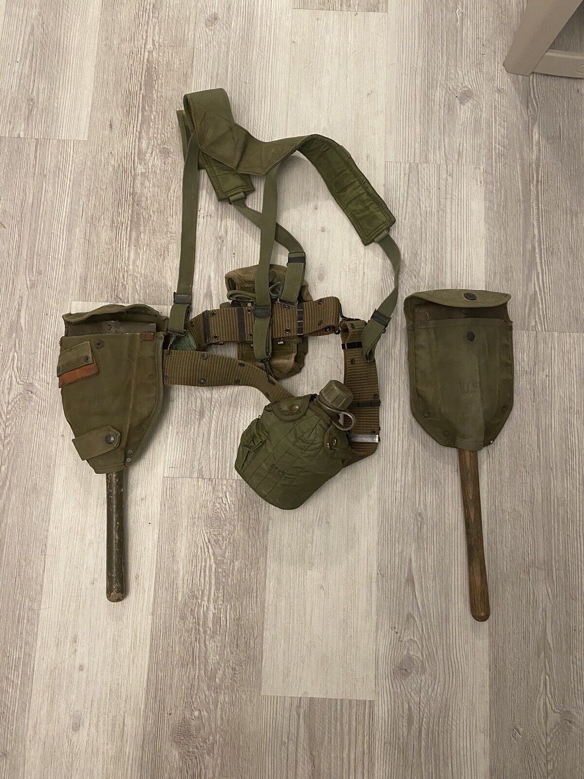 WWII Vintage Military Shoulder Harness Suspender Belt w/ Canteen Shovel & Ammo