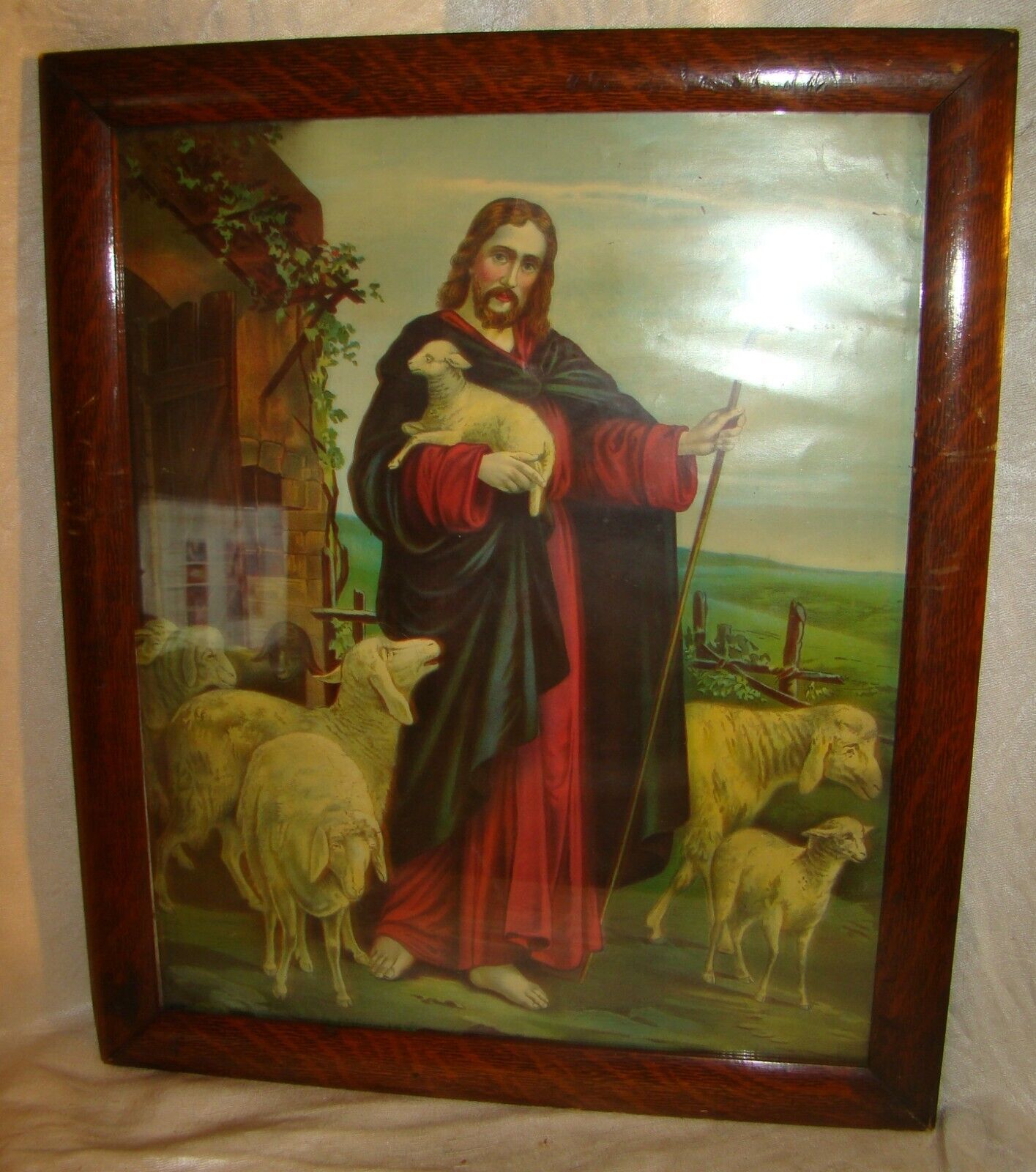 Antique Jesus Christ Shepherd Sheep Christian Chromo-Lithograph Print Framed