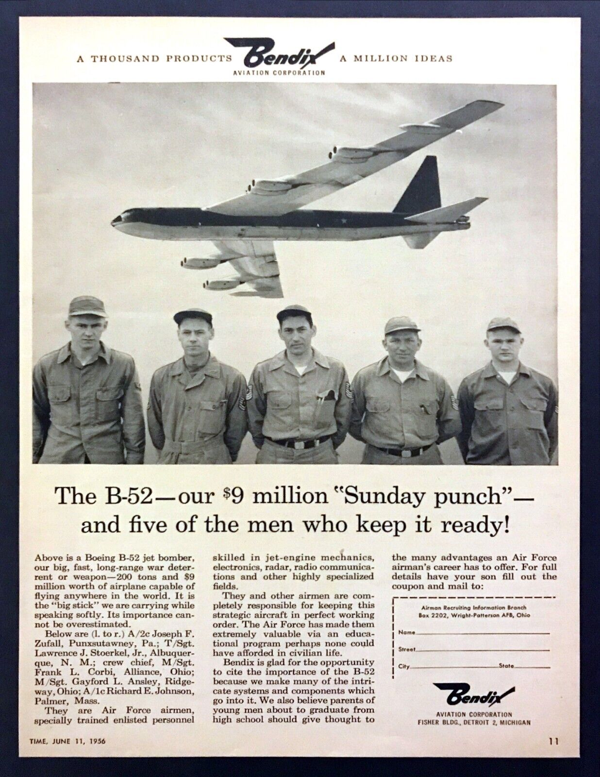 1956 Boeing B-52 Jet Bomber & Mechanics photo Bendix Aviation vintage print ad