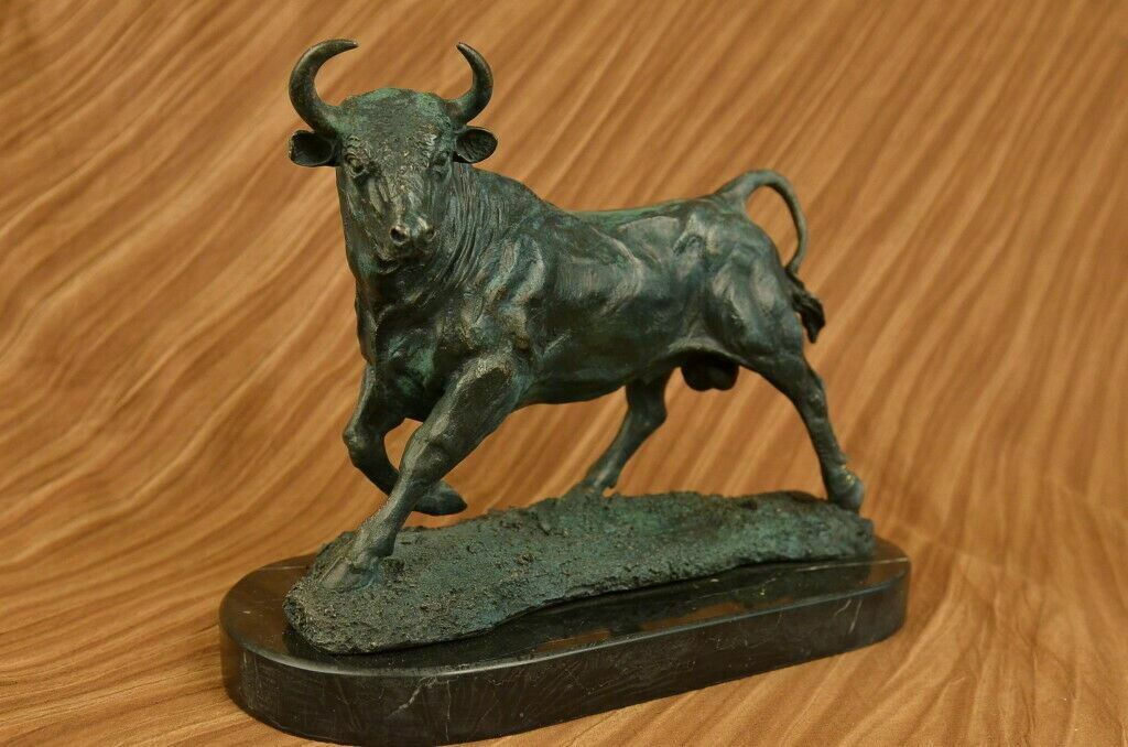 21 LBS Western Bronze Marble Pedestal Bullfight Bull Art Deco Sculpture Figure