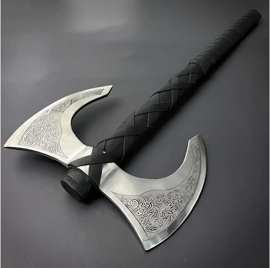 Viking Odin\'s Double Head Viking Axe-Hand Forged Carbon Steel Twin-Blade battle