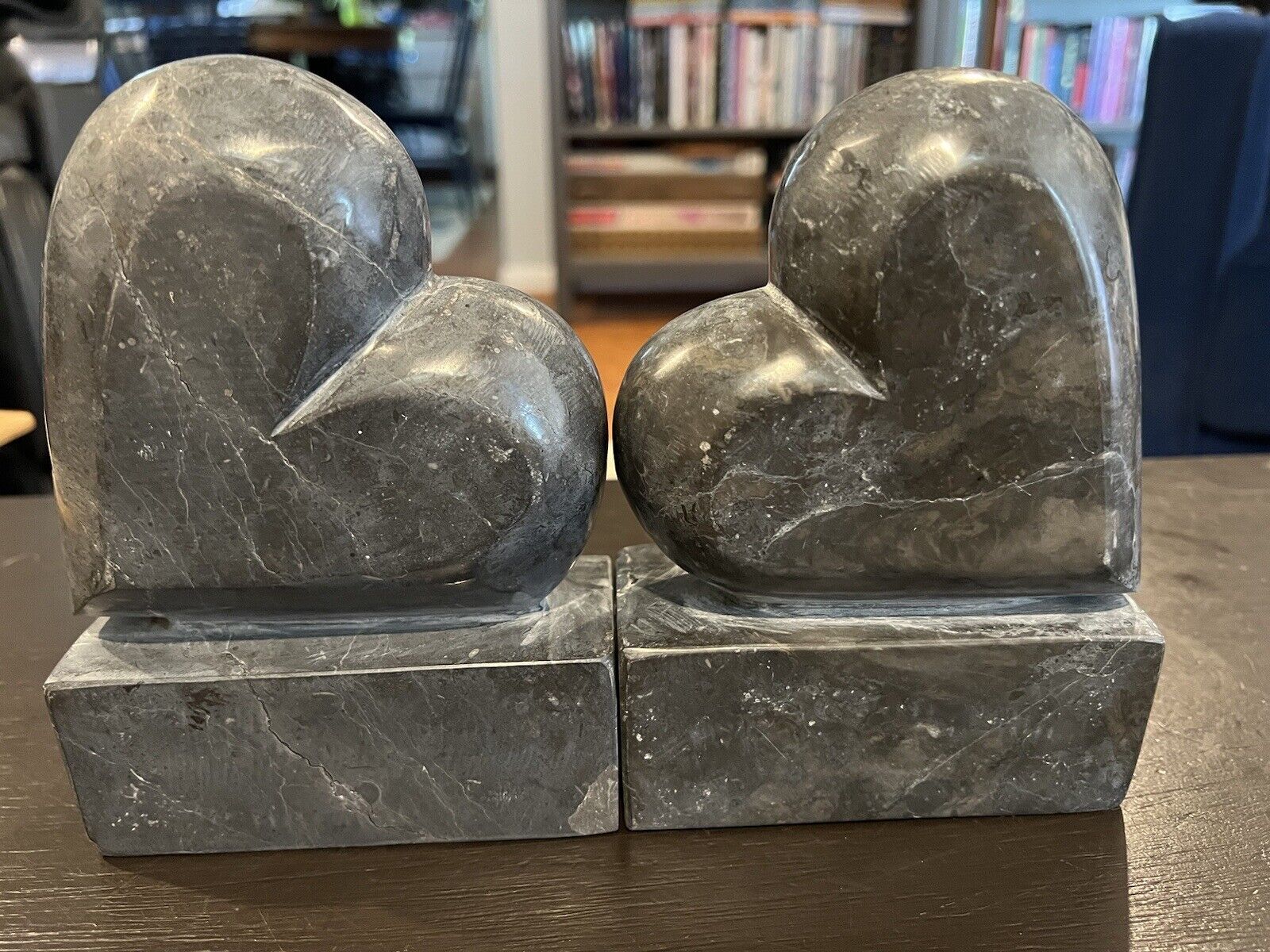 2 Piece Genuine Charcoal Marble Stone Heart Shapped Bookends Set