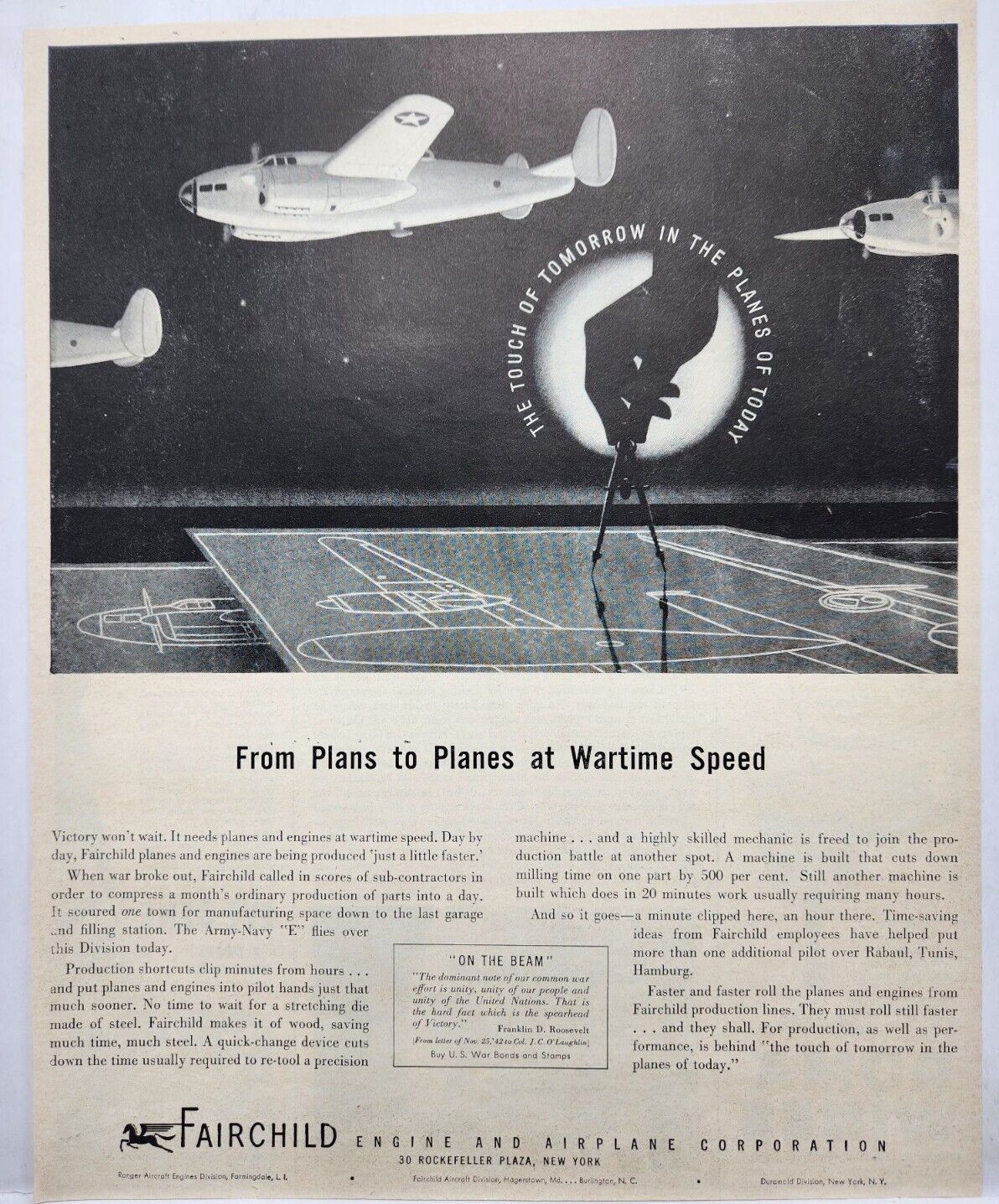 1943 Fairchild Engine Airplane  Army Navy NY Vtg WWII Era Print Ad Man Cave Art