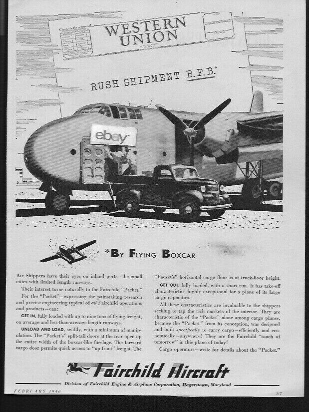 FAIRCHILD AIRCRAFT FLYING BOX CAR PACKET 1946 RUSH SHIPMENT B.F.B AD
