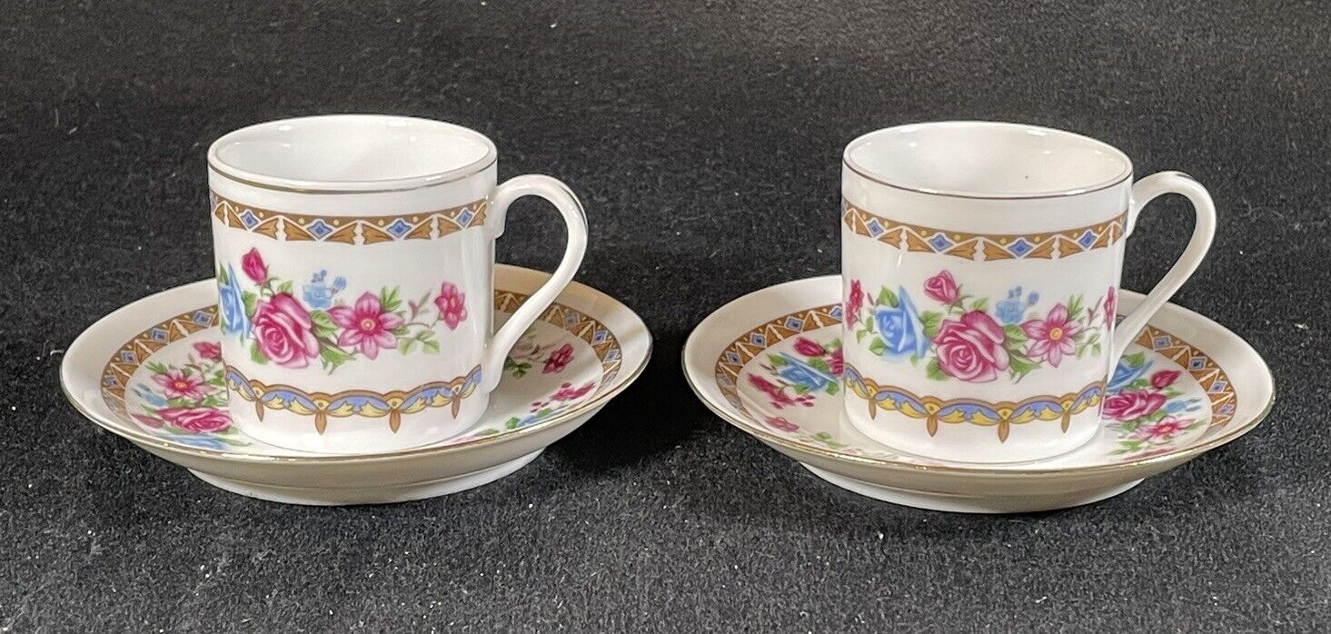 Vintage Set 2 1950’s Rose Pattern Demitasse Tea Cup & Saucer Gold Trim Pink Blue
