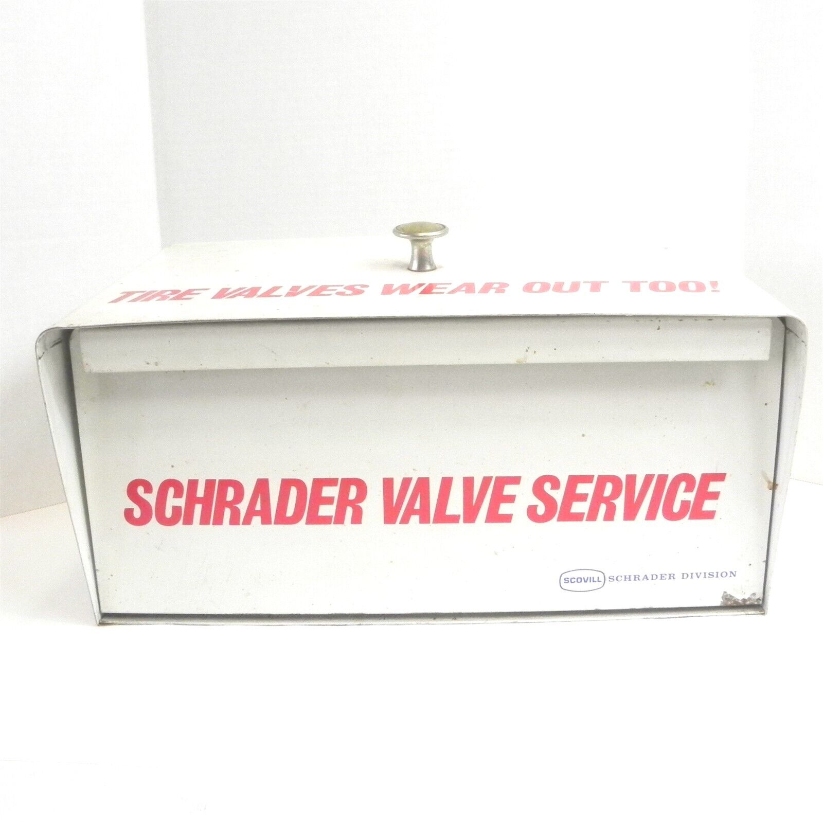 VINTAGE SCHRADER VALVE SERVICE CABINET RACK BOX METAL SCOVILL APX. 16X9X8.5 USED