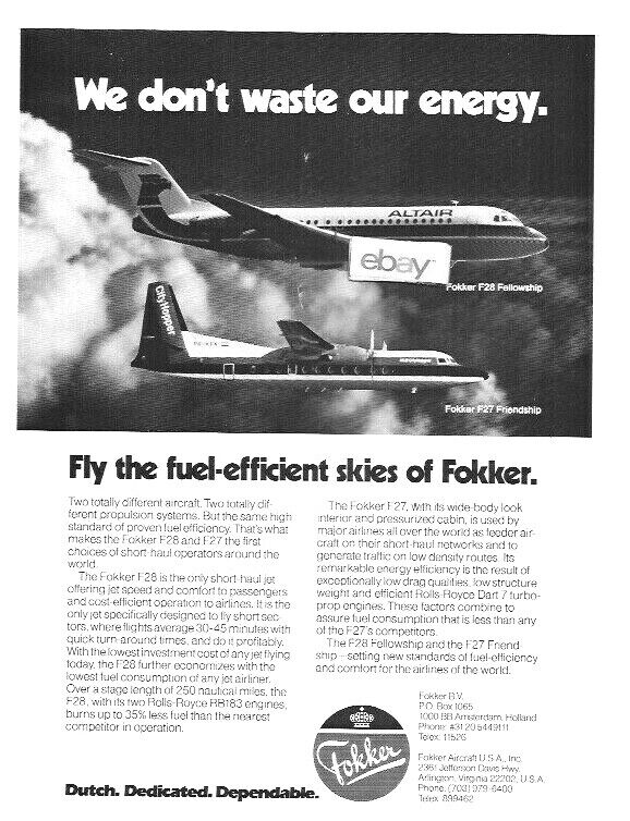 ALTAIR FOKKER F-28 & KLM CITYHOPPER F-27 WE DONT WASTE ENERGY 1982 AD