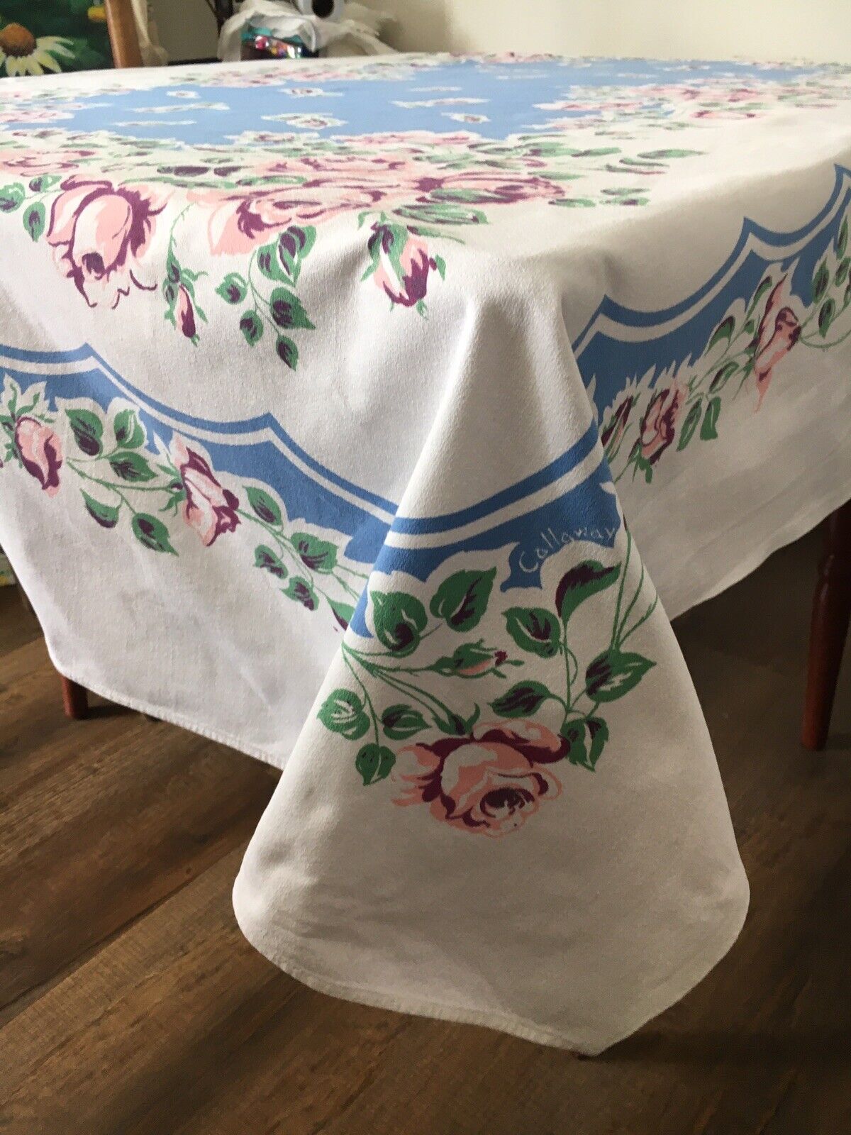 vintage cotton printed tablecloth 66”x50” Blue Floral On Duck Cloth Excellent
