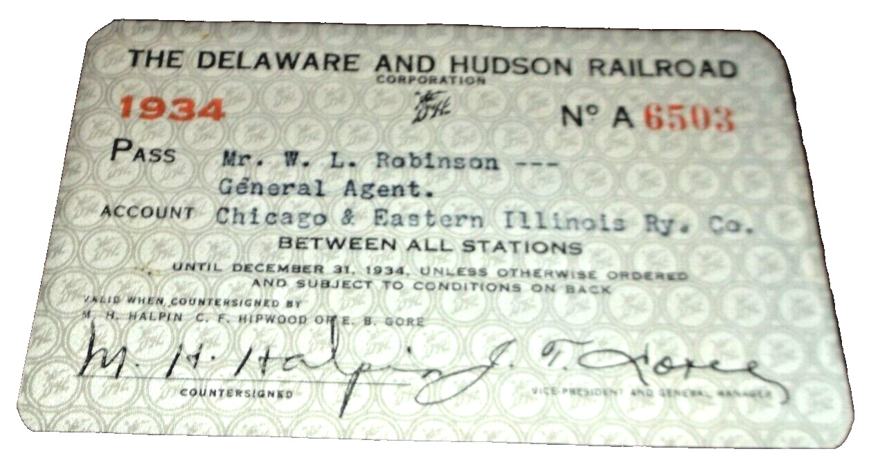 1934 DELAWARE & HUDSON D&H EMPLOYEE PASS #6503 C&EI