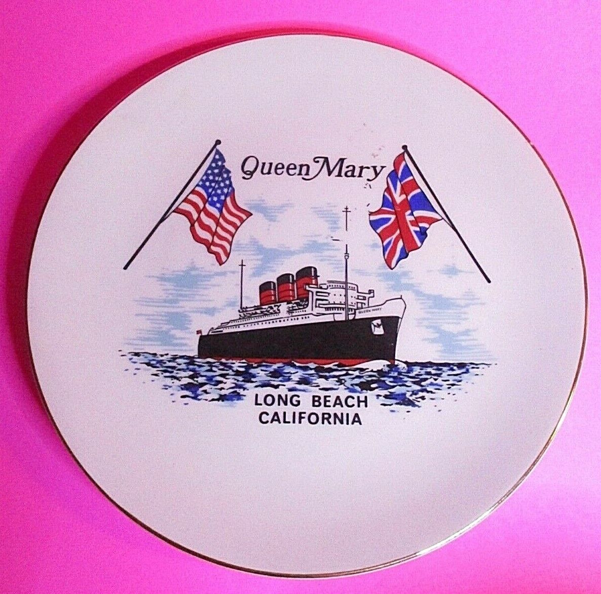 Vintage RMS Queen Mary Ship Collectible Plate, Dish, Long Beach California, 8.5\