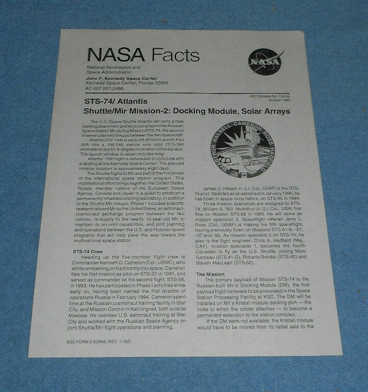 1995 NASA Facts STS-74 Space Shuttle Atlantis Mission Shuttle-Mir Program