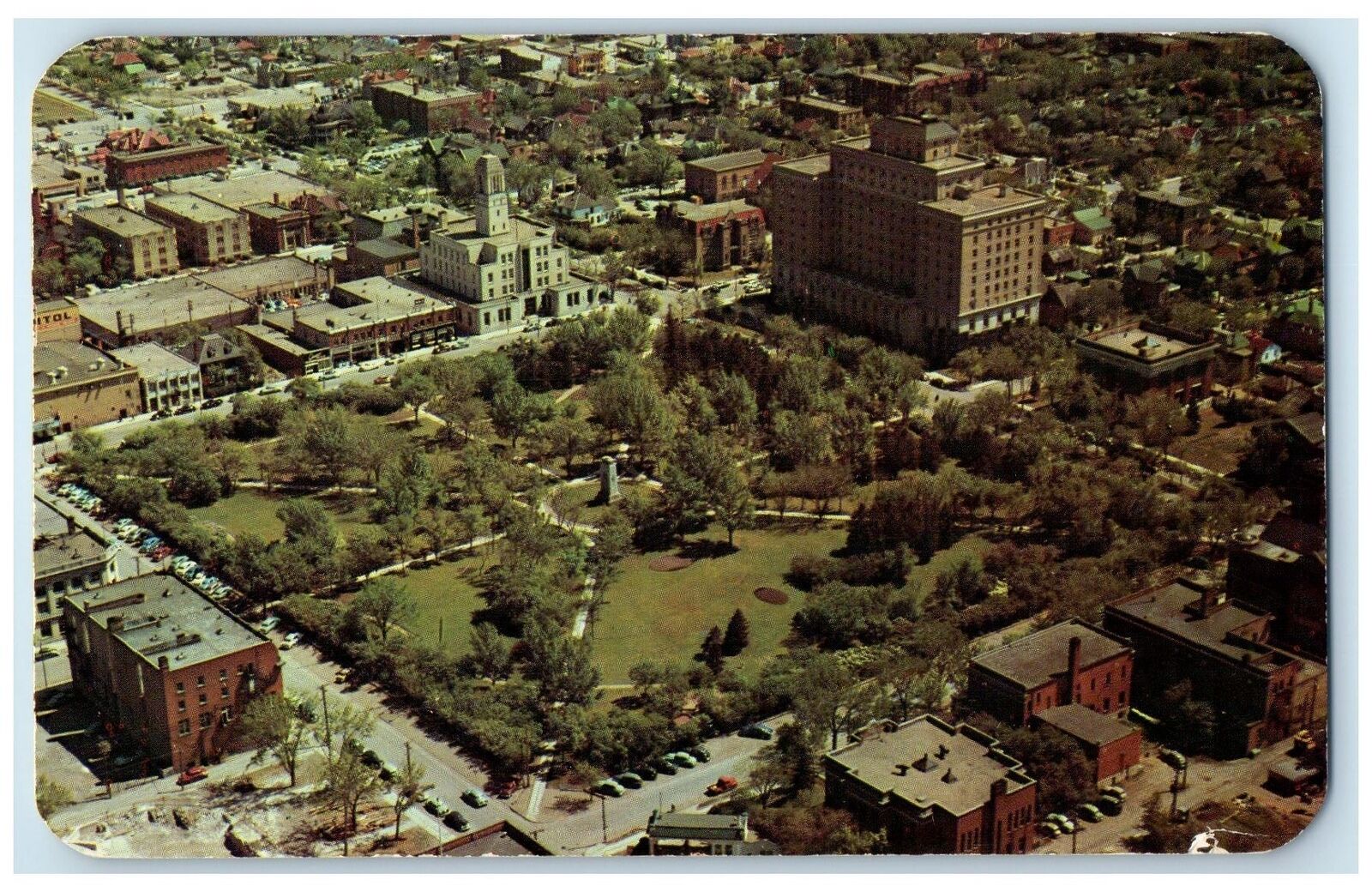 1955 Aerial View Victoria Park Monument Buildings Regina Sask Canada CA Postcard