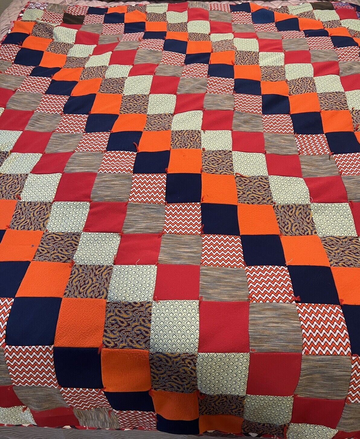 Vintage 1970s Handmade Hand Sewn Quilt Square Block Check Red Brown Blue 60 X 72