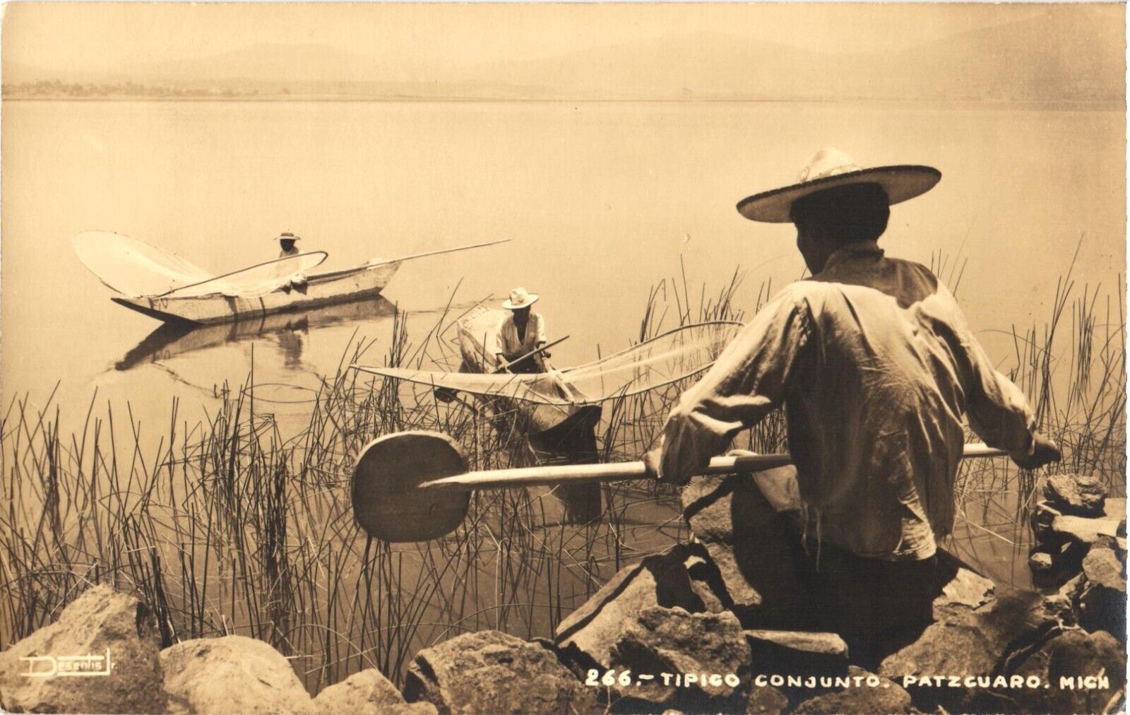 Typical Set, Men In Boat With Their Big Fish Nets, Pátzcuaro, Mexico Postcard