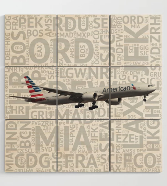 American Airlines Boeing 777-300 with Airport Codes - 3' x 3' Wood Wall Art