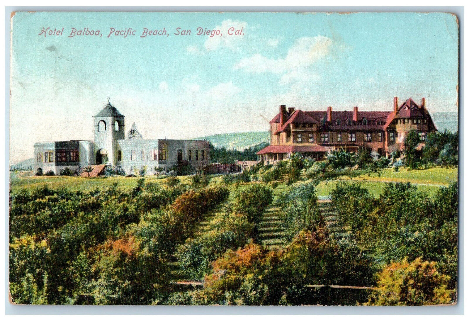 1911 Hotel Balboa Pacific Beach Garden San Diego California CA Antique Postcard