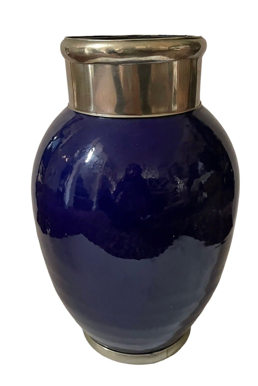 VTG Moroccan Cobalt Blue Ceramic & Metal Banding Vase Handmade