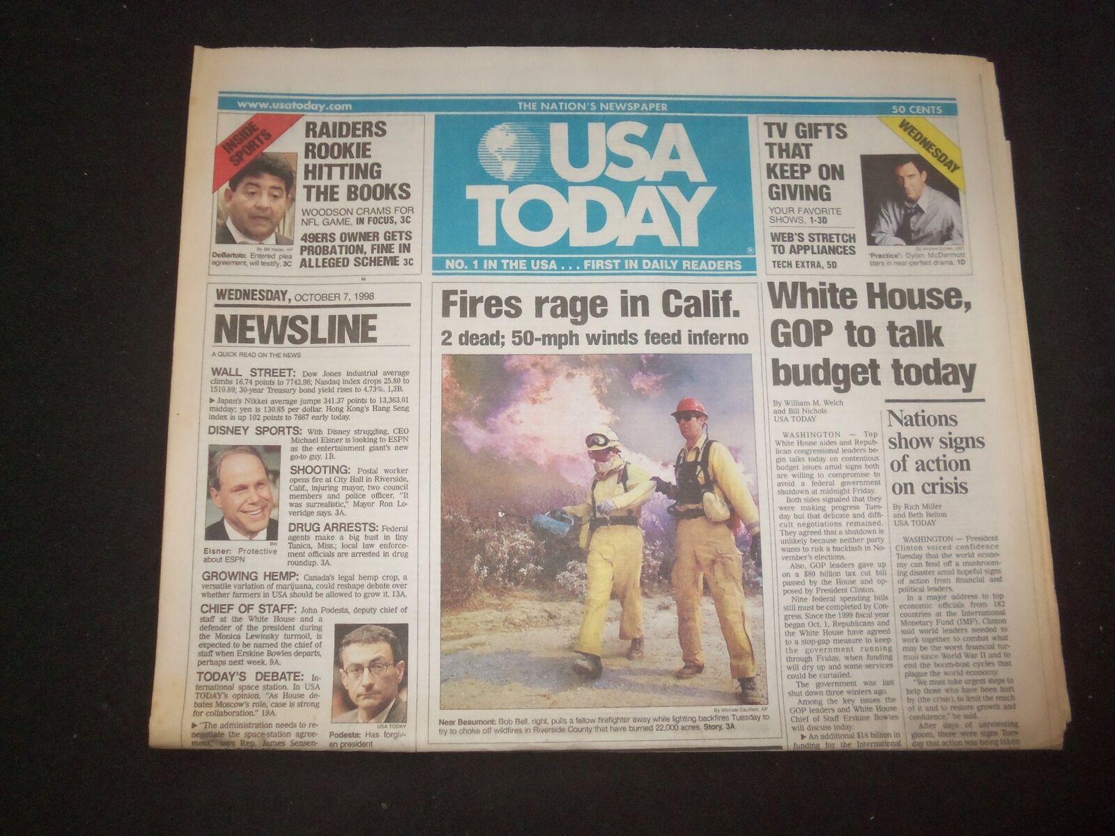 1998 OCTOBER 7 USA TODAY NEWSPAPER - FIRES RAGE IN CALIFORNIA, 2 DEAD - NP 7956