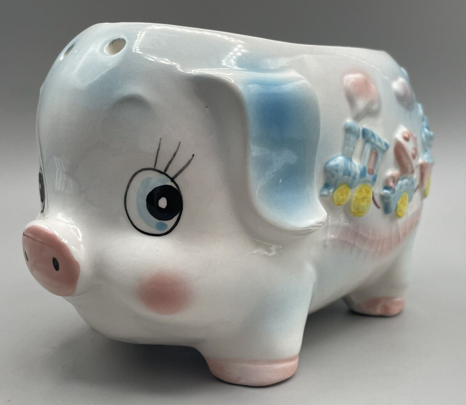 Vintage Cute Ceramic Pig Planter Springtime Piggy - Nursery Blue Pink Big Eyes
